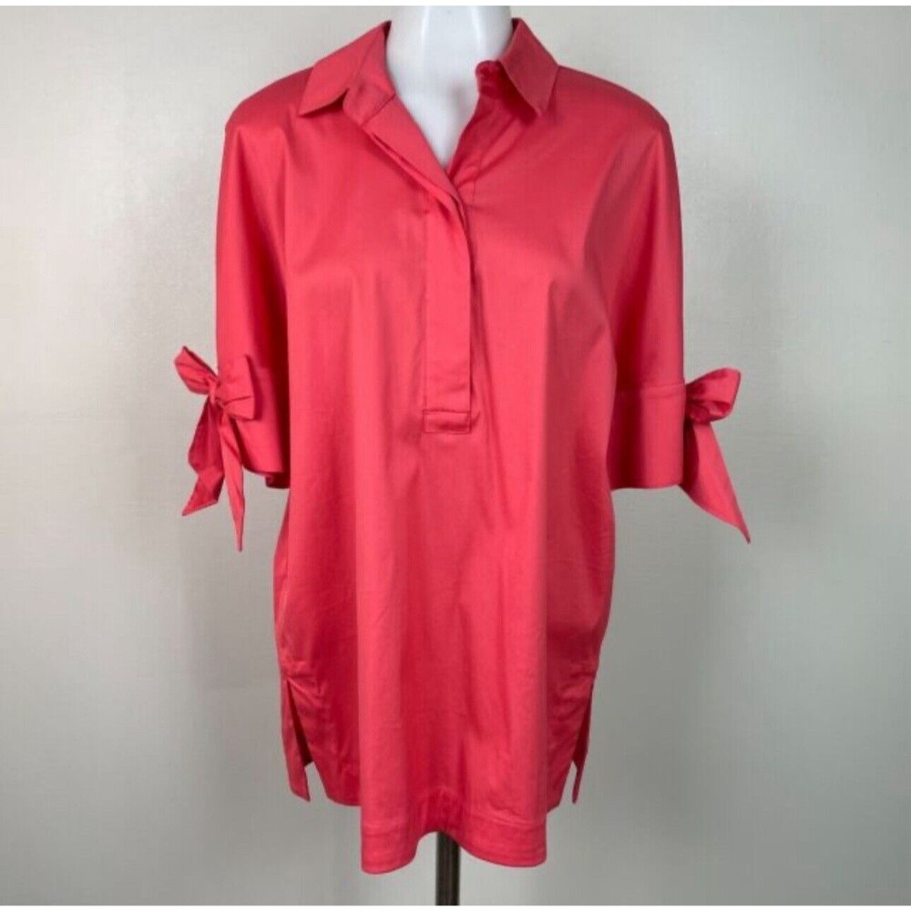 Chico's Womens Plus Size 3 Salmon Pink Henley Short Sleeve Blouse Tie Sleeves